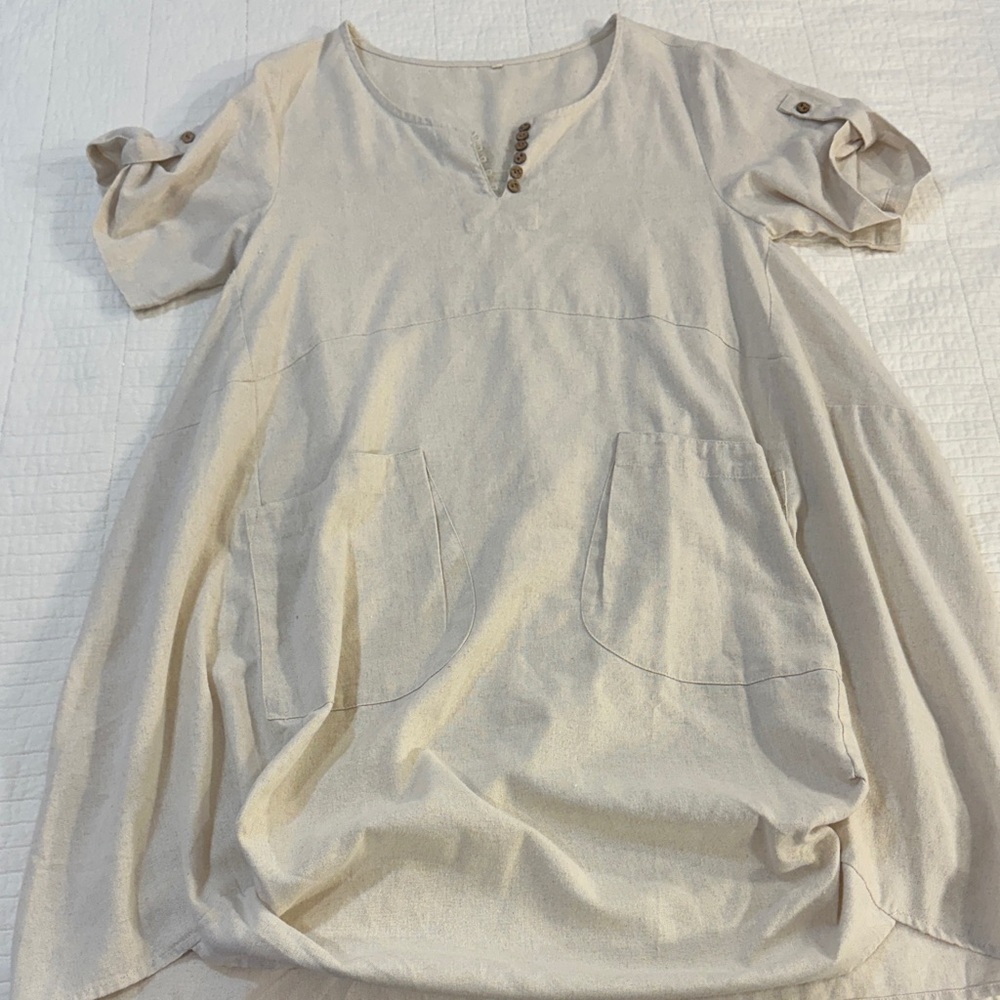 Neutral Linen Tunic Dress | European Summer Coastal Grandma Boho Chic Small